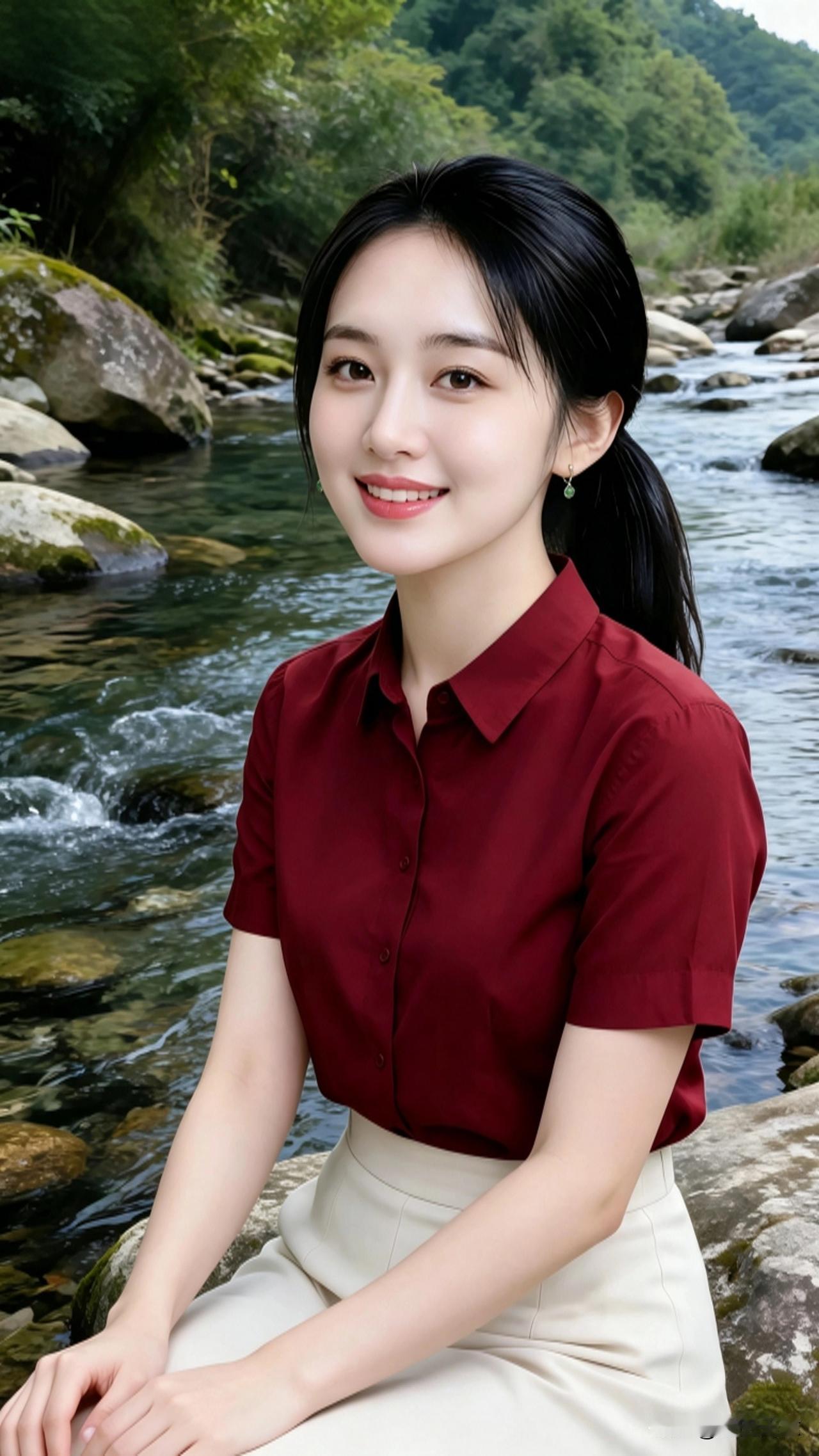 置身清幽山间溪流旁，酒红衬衫搭配米白裙子，清爽简约的日常穿搭，伴着潺潺流水，享受