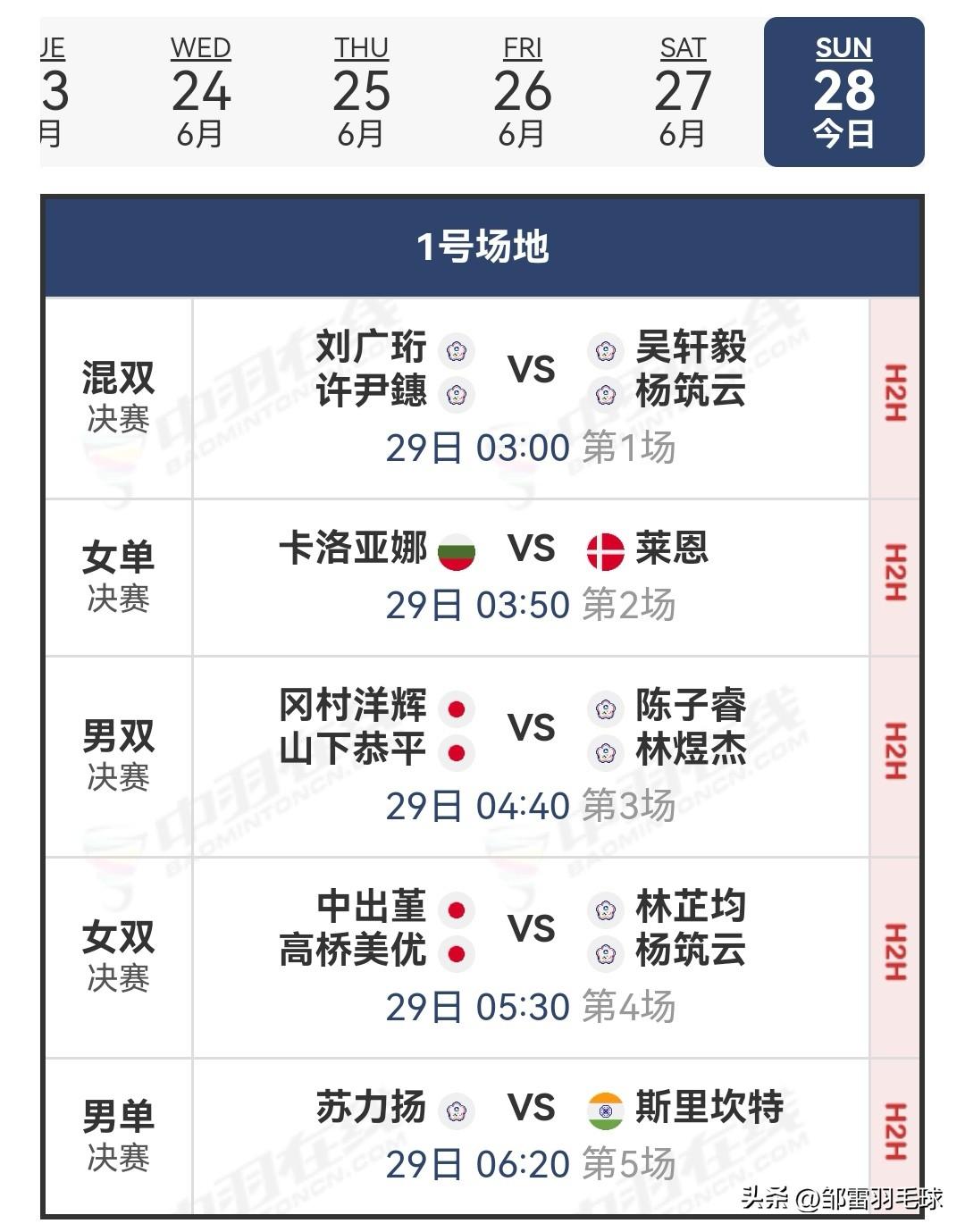 美国羽毛球公开赛决赛对阵安排

决赛于明天（6月29日）凌晨03:00开始，中国