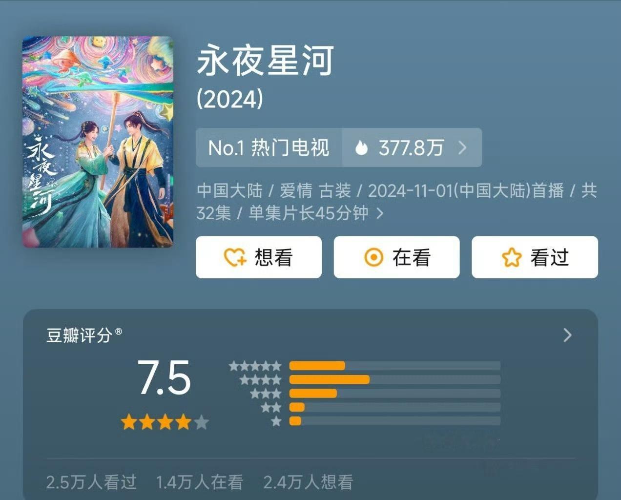 #永夜星河开分7.5#永夜星河开播四天豆瓣开分7.5，什么实力不用我多说了吧！妙