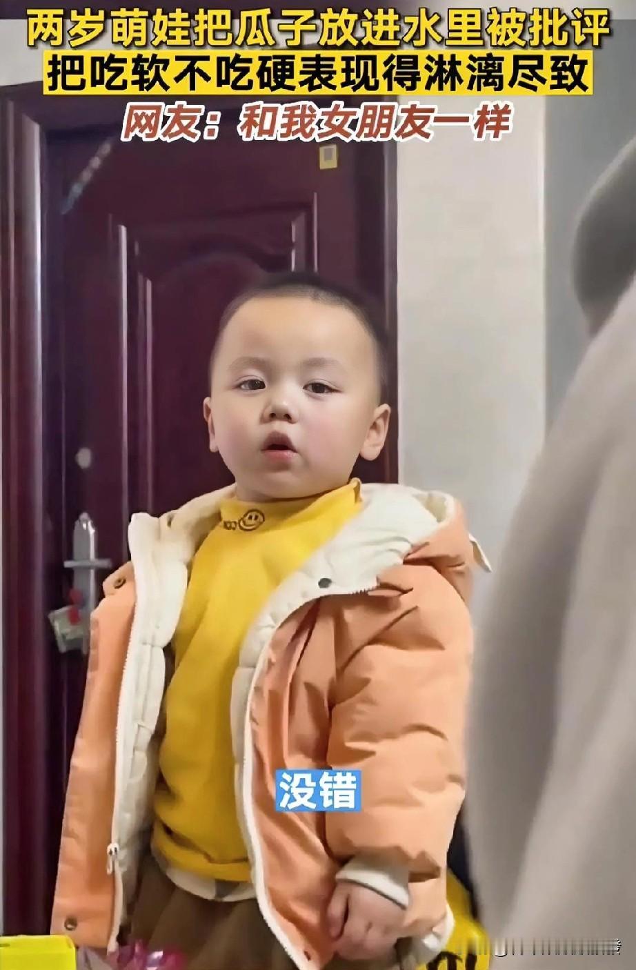 2岁的儿子把瓜子扔进水里，爸爸责问他知不知道错了，儿子说不知道，再接着问，一直就