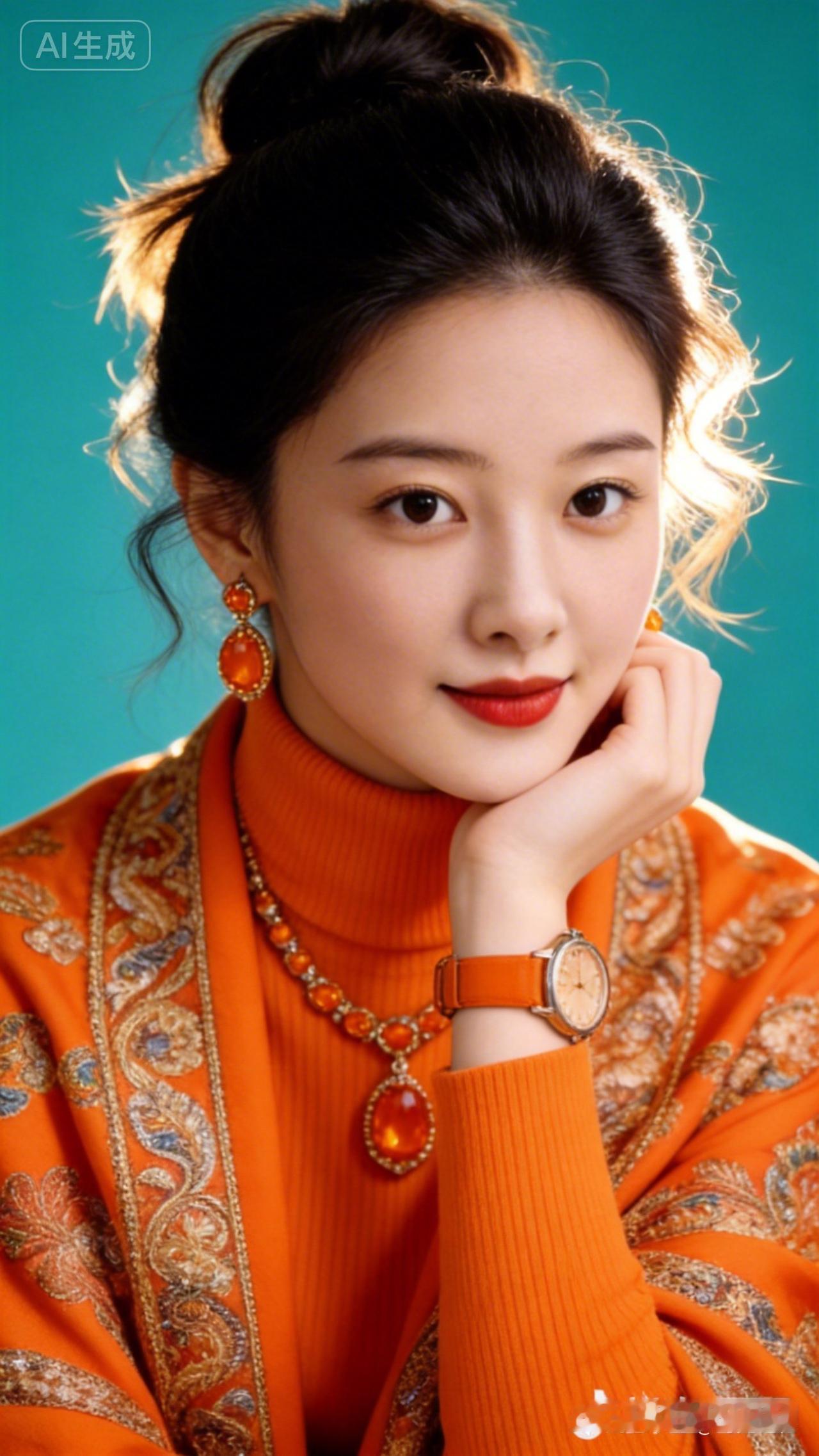 复古优雅，橙色调穿搭，复古手表与耳环搭配，尽显时尚魅力！