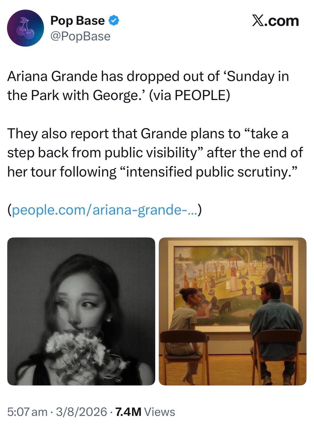 A妹巡演后将暂别公众视野报道称，Ariana 计划在本次巡演结束后，暂时减少公开