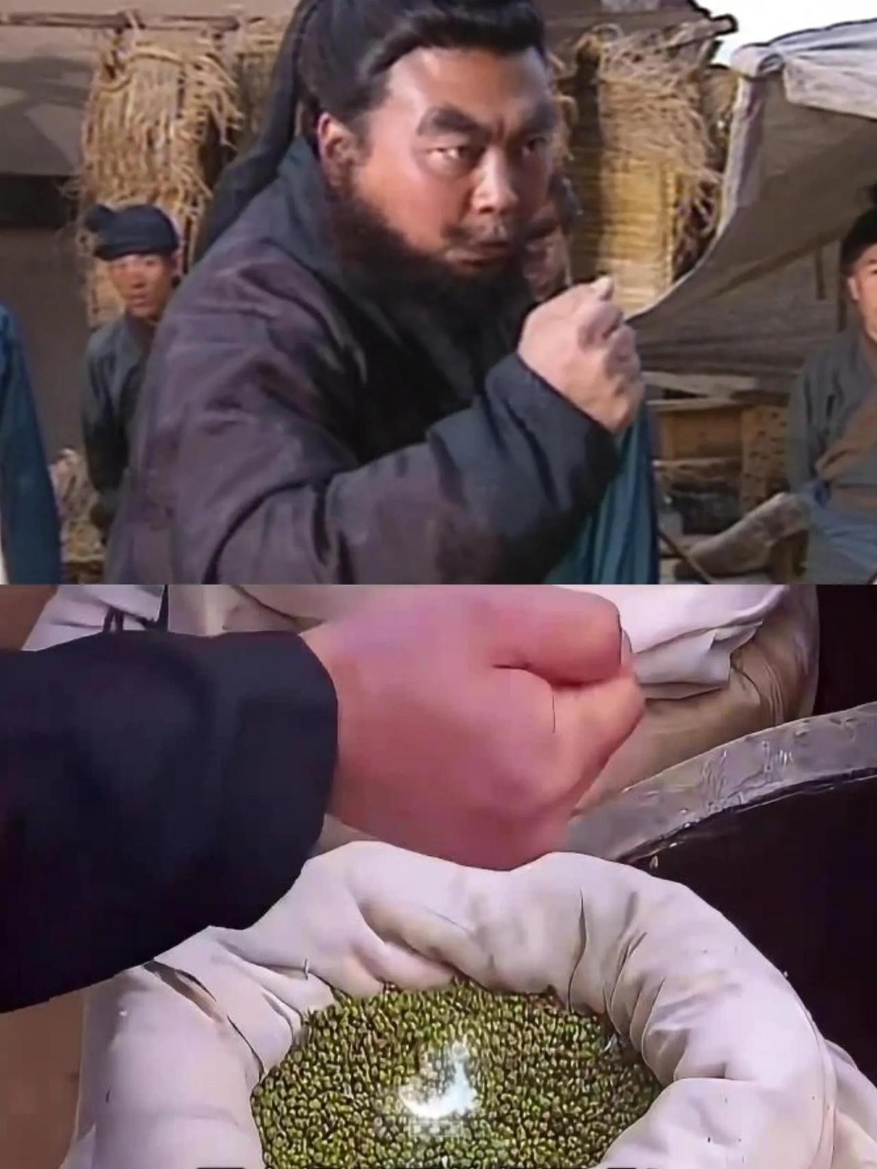 集市熙熙攘攘，张飞迈着大步，走到关羽的绿豆摊前。只见他大手一伸，抓起一把绿豆，用