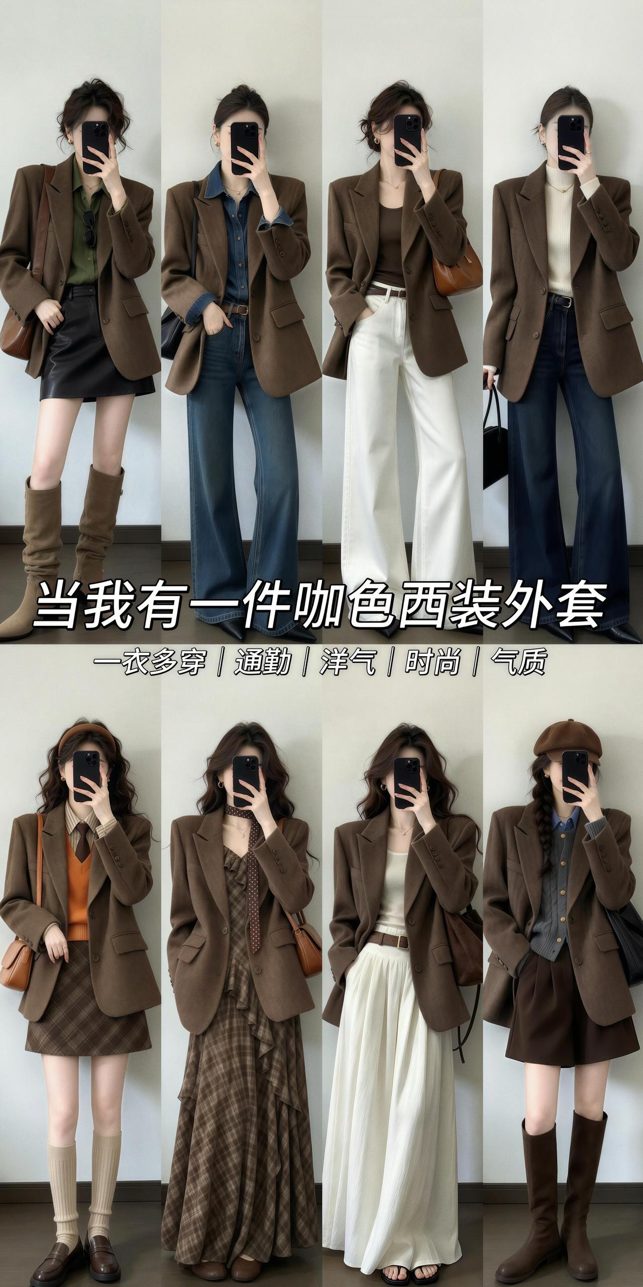 咖色西服一衣多穿，复古又时髦！一件质感咖棕西装解锁N套秋日造型，适配通勤、约会、