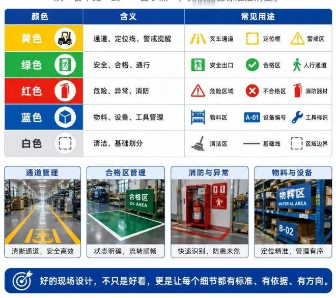 从“看不见”到“一目了然”
——车间目视化管理颜色标准
🟡 黄色 — 通道、定