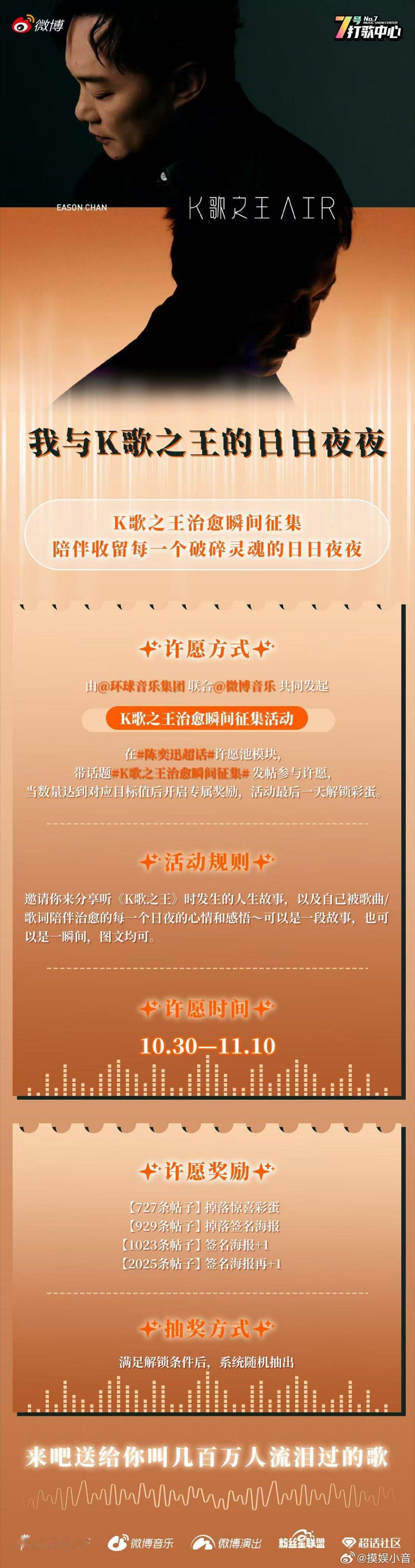 10月30日-11月10日期间，在 陈奕迅超话 许愿池模块带 K歌之王治愈故事征