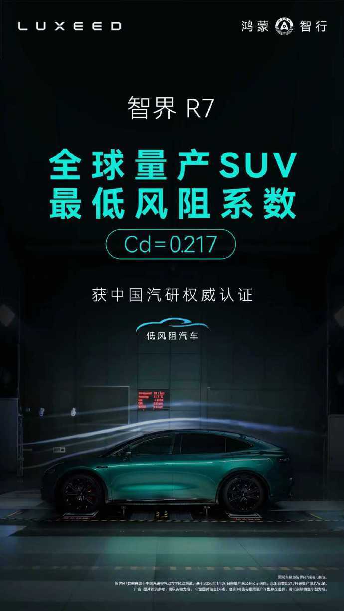智界R7创全球量产SUV最低风阻纪录每一寸车身都在与风对话0.217Cd是这场对