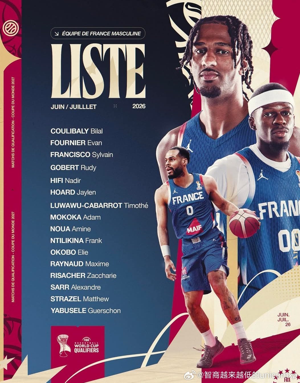 法国男篮宣布16人世预赛第三窗口期集训名单NBAFIBA