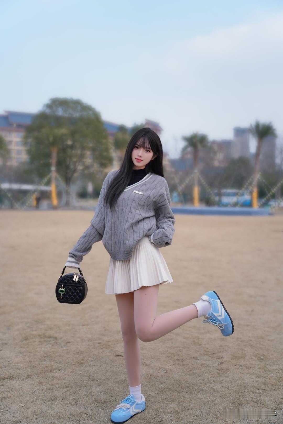 这姑娘在公园里摆姿势拍照。东方女性气韵 裙姿温婉 超自然拍照姿势