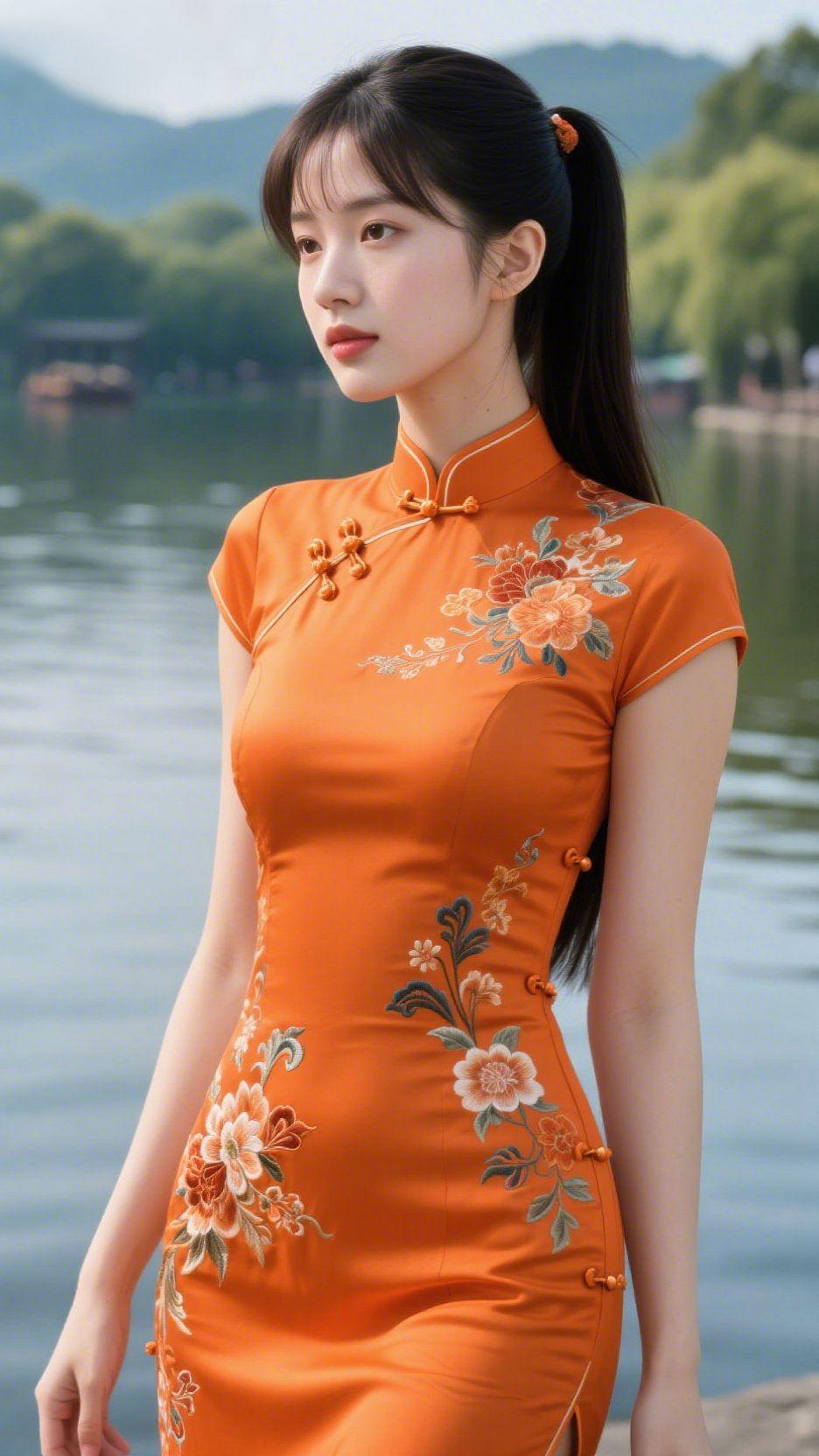 《湖岸橙袍浸烟柔》
 
湖风裹着水汽漫过岸畔，她立在水旁，橙色旗袍如轻漾的霞色落