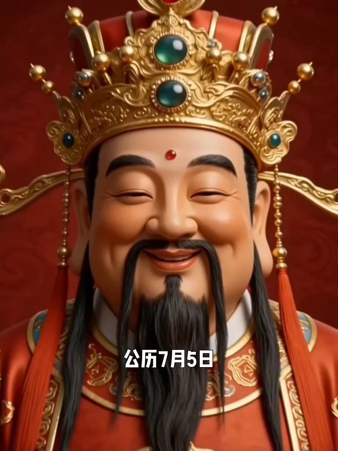 公历7月5日，恭迎财神送招财对联一副，接住满堂财气，全年富贵兴旺。