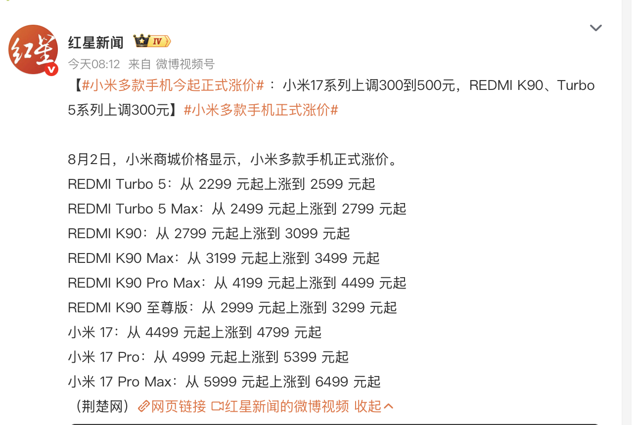 小米多款手机正式涨价 小米也扛不住涨价了，300-500其实也还好，没涨太多~