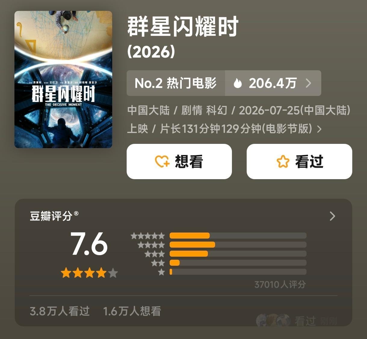 主旋律科幻《群星闪耀时》豆瓣开分7.6，国产科幻里仅次于球