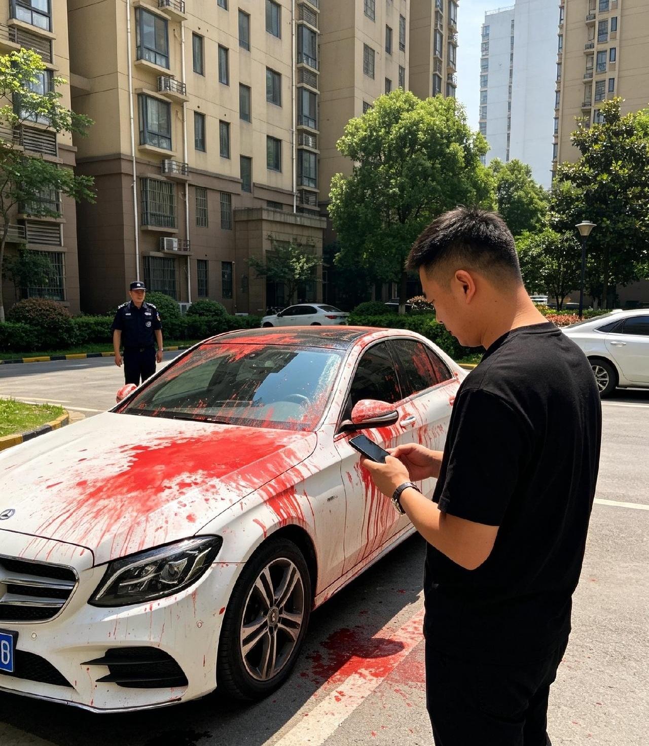 自家大奔被泼了整整一桶红漆，车主不仅不急着洗，还天天拿手机怼着车拍，你猜怎么着？