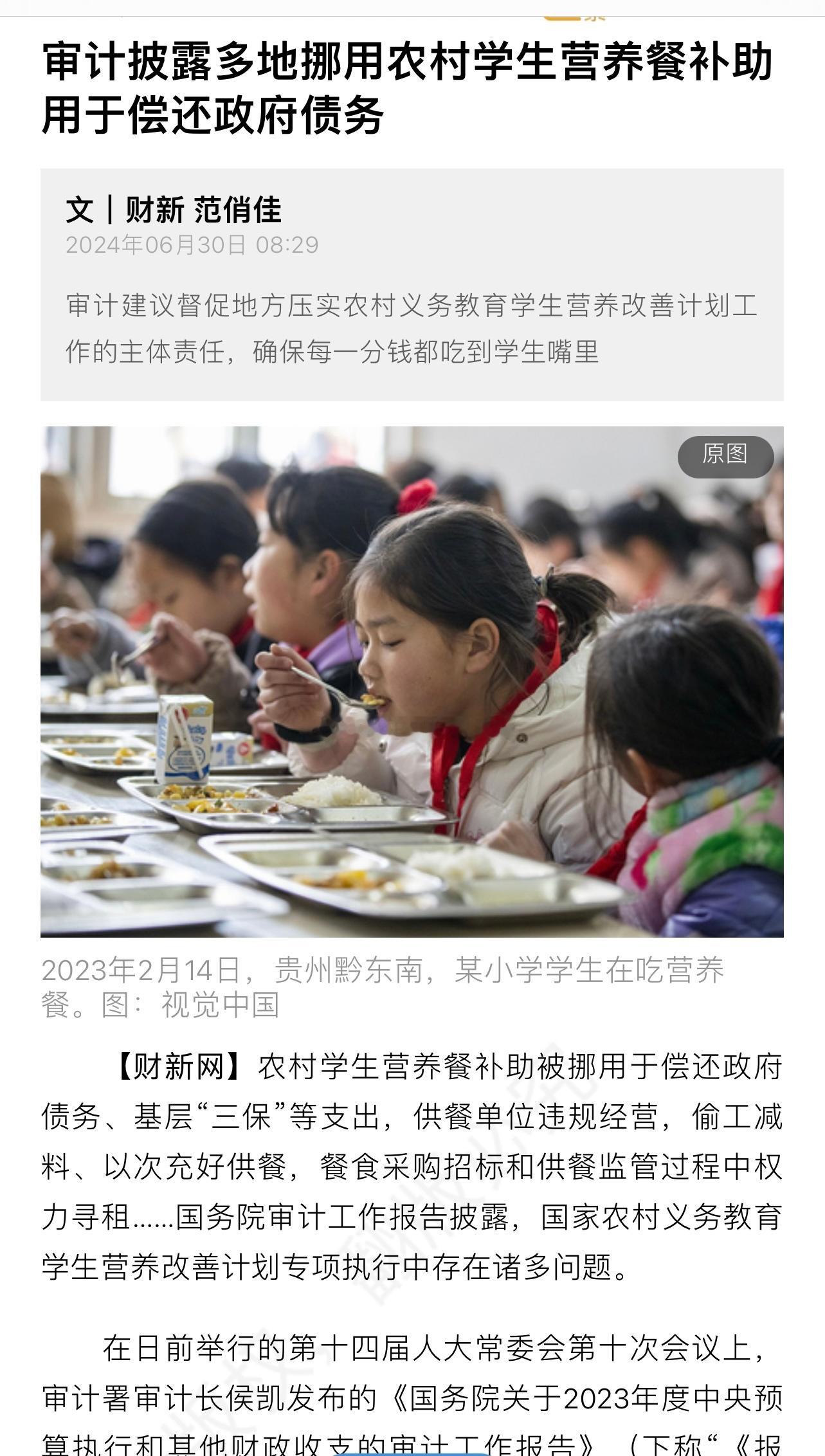 审计披露多地挪用农村学生营养餐补助，用于偿还政府债务！ ​​​
