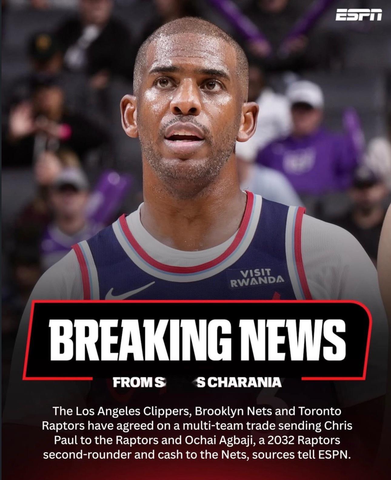 快船￼、篮网￼和猛龙￼达成一项三方交易！快船将保罗￼将送至猛龙，而阿巴基￼、猛龙