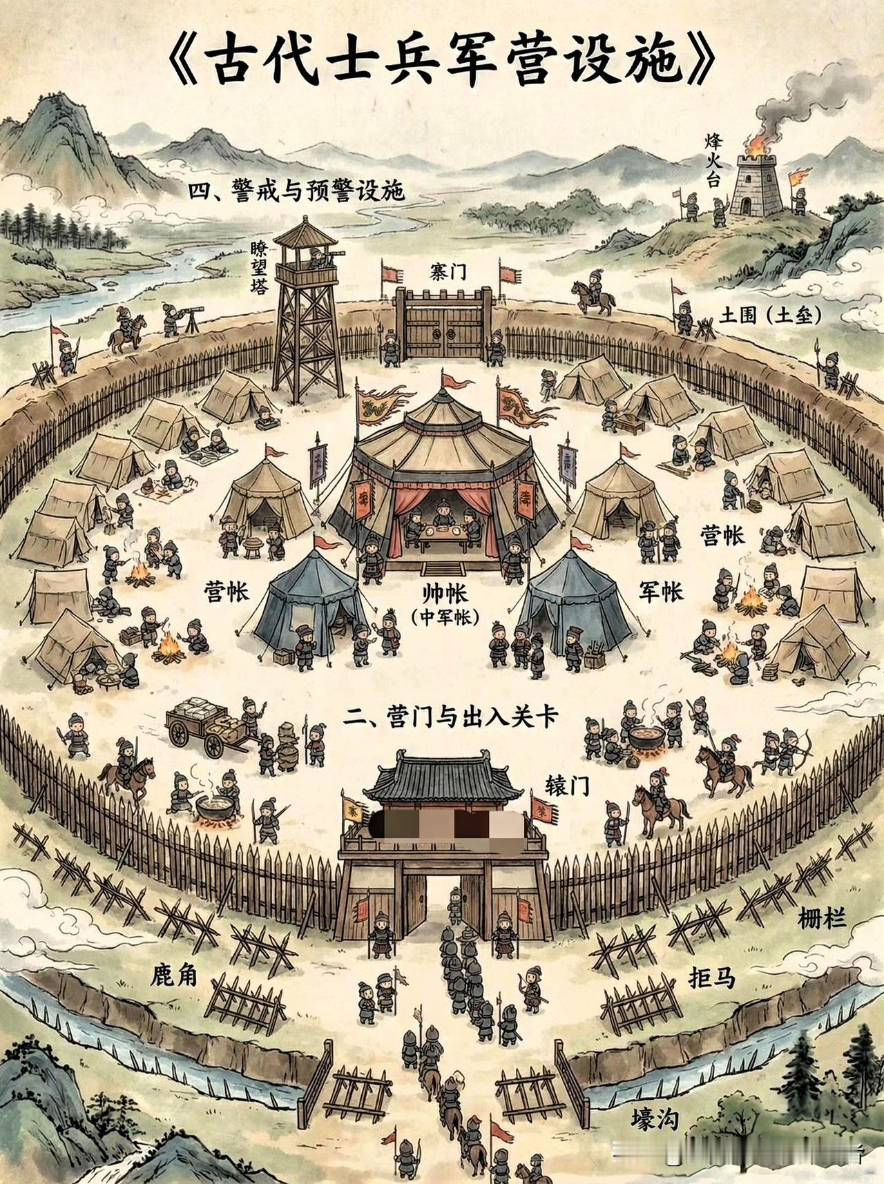 古代军营：藏在细节里的攻防智慧

这幅古意盎然的画卷，完整还原了古代军营的布局与