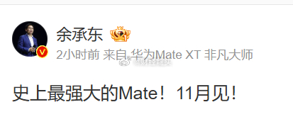 余承东宣称：Mate系列将迎来史上最强之作，预计11月面世！#余承东称史上最强大