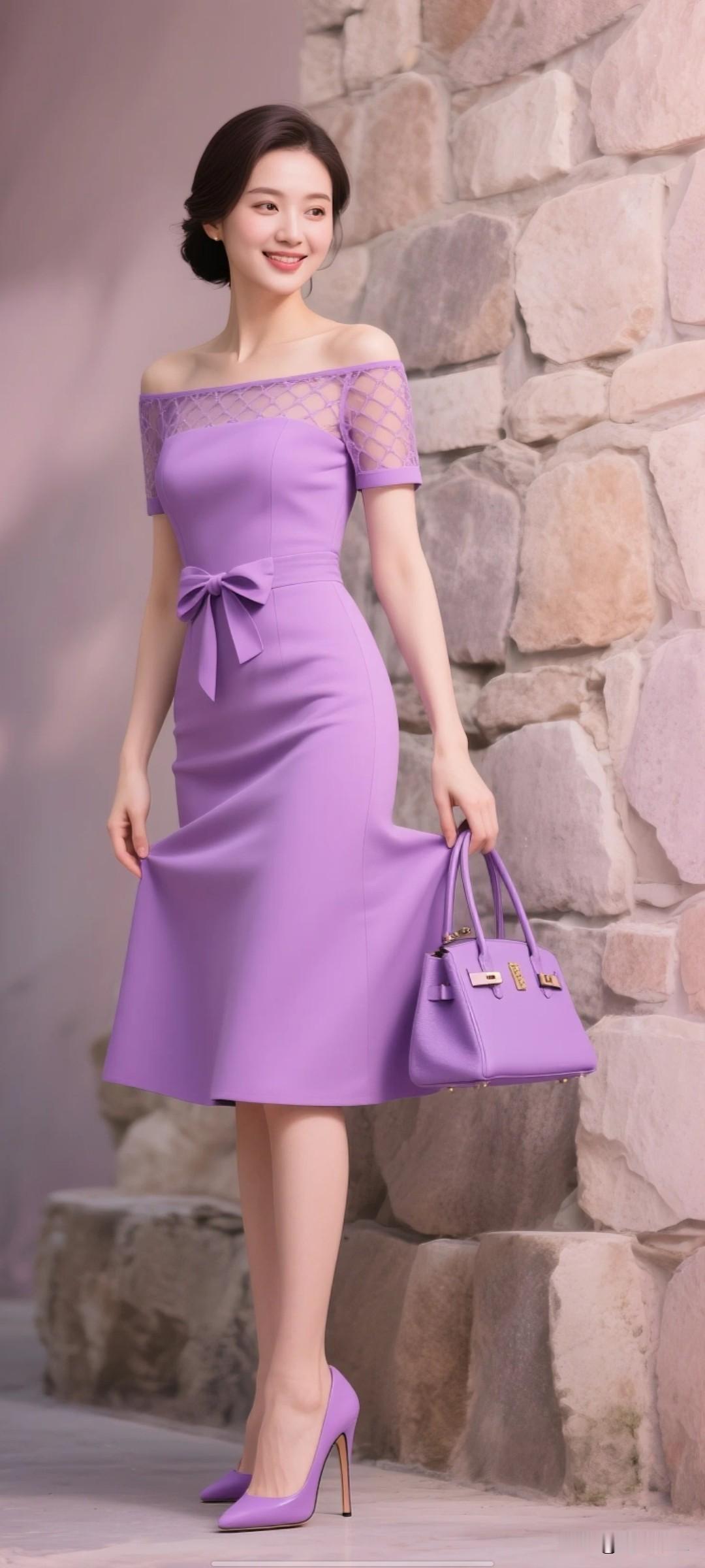 紫色连衣裙，时尚又好看。石头村不错。