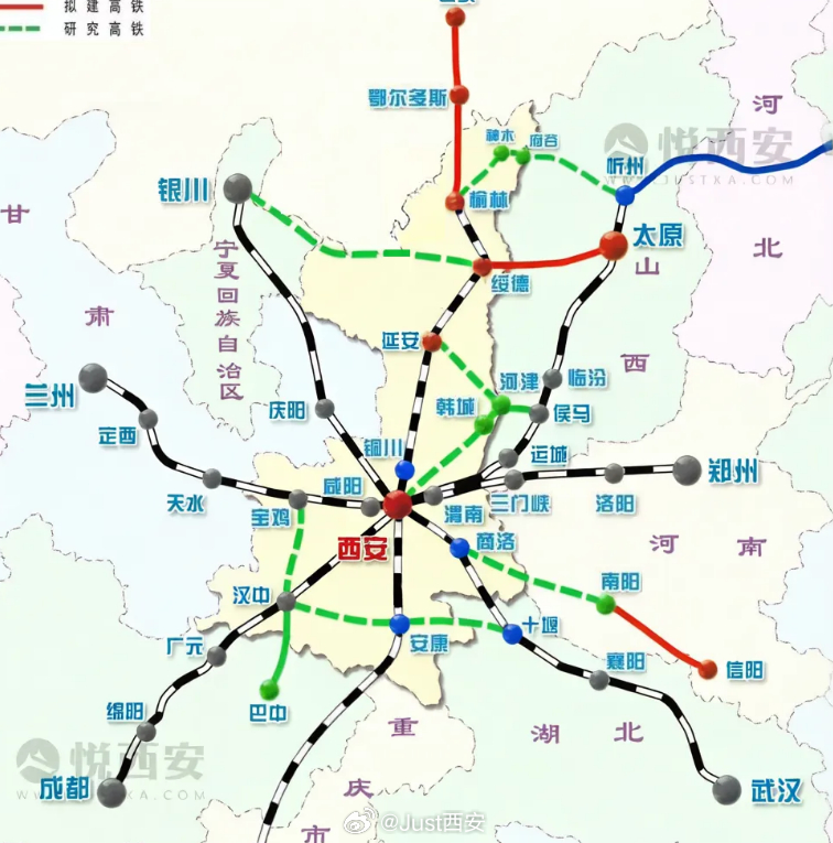 继郑州、合肥之后，西安即将成为全国第三个、西部首个“米”字高铁枢纽城市，以西安为