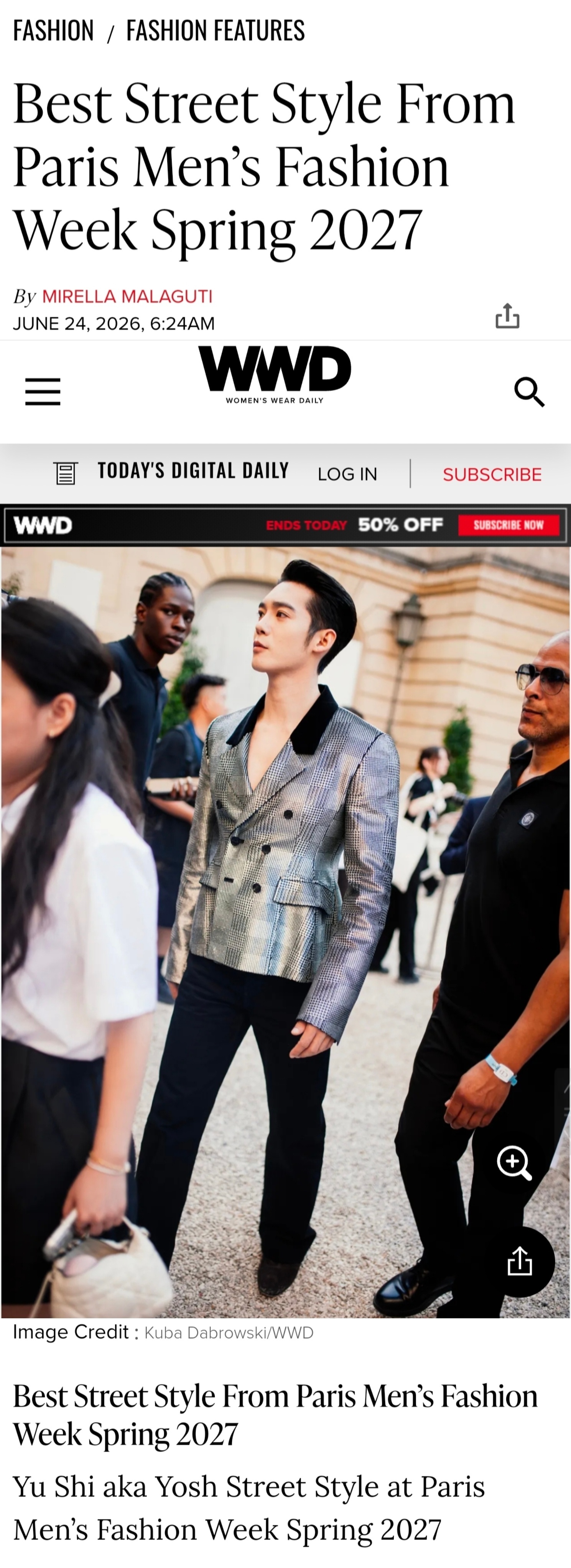顶级时尚媒体给于适留下了镜头📸WWD官网评选的2027年春季巴黎男装周最佳街头