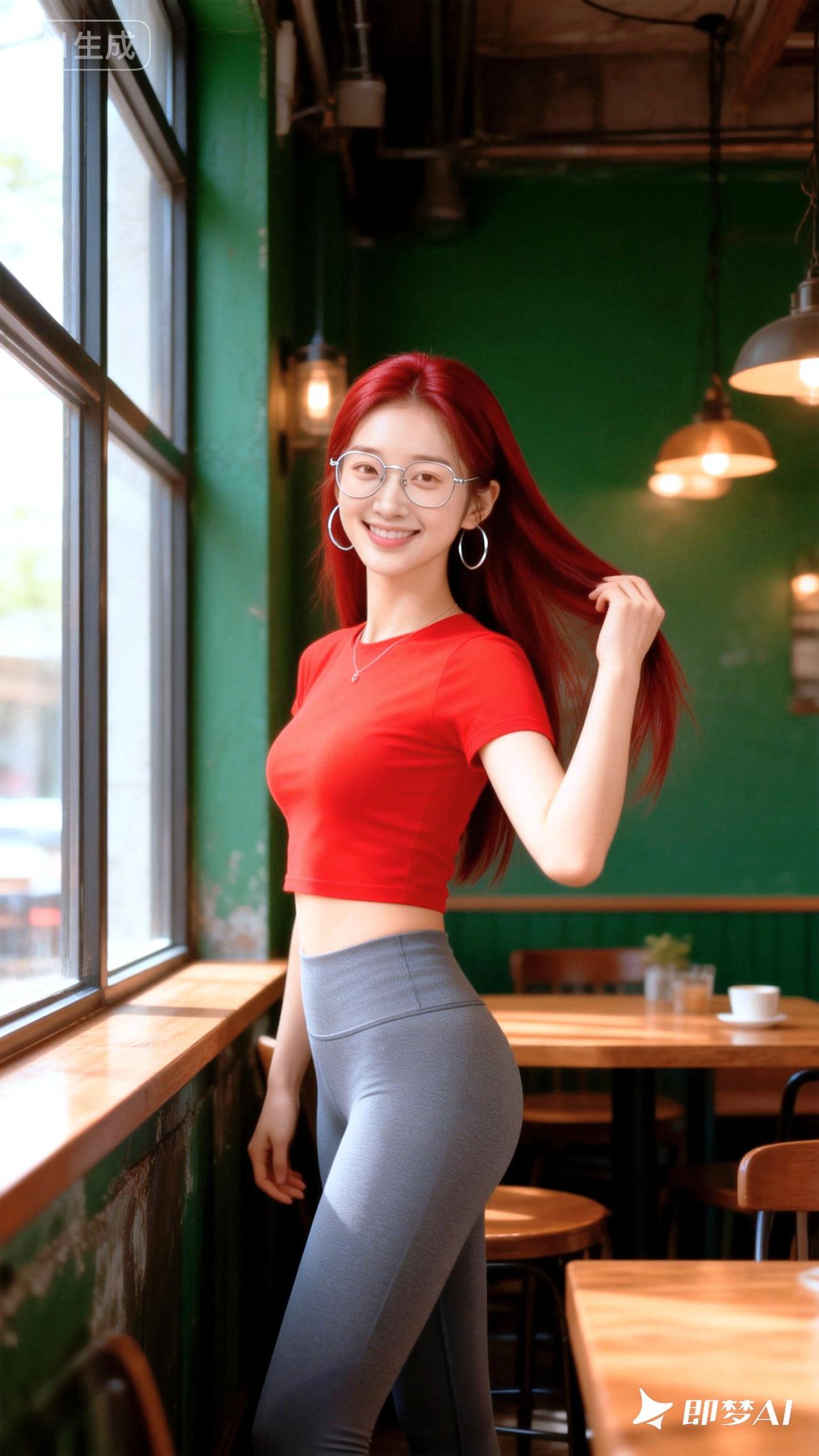 身着正红色紧身坑条针织短袖上衣，搭配浅灰色高腰弹力瑜伽裤，凸显紧致匀称的身材线条