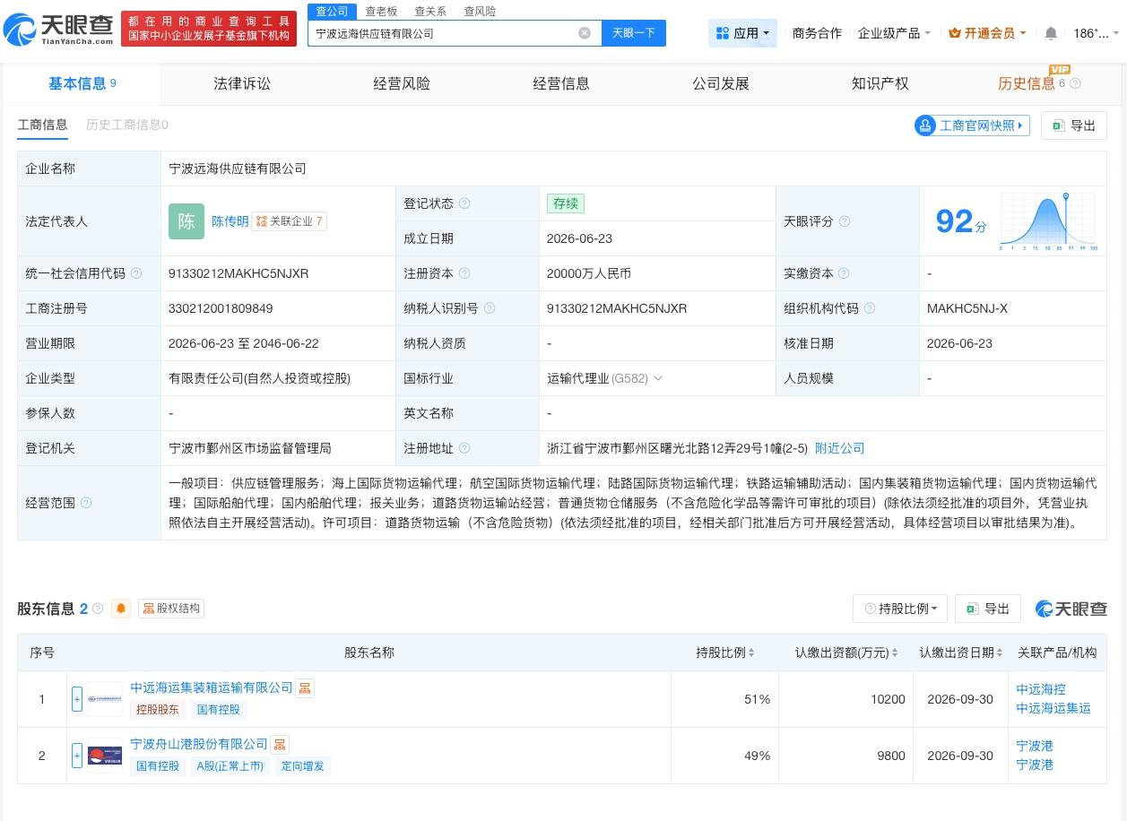 中远海控宁波港成立合资公司 注册资本2亿

天眼查App显示，近日，宁波远海供应