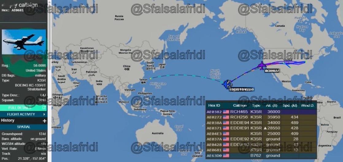 美国油轮在太平洋上空的异常活动暗示可能与伊朗有关的行动。
8 架 KC-135R