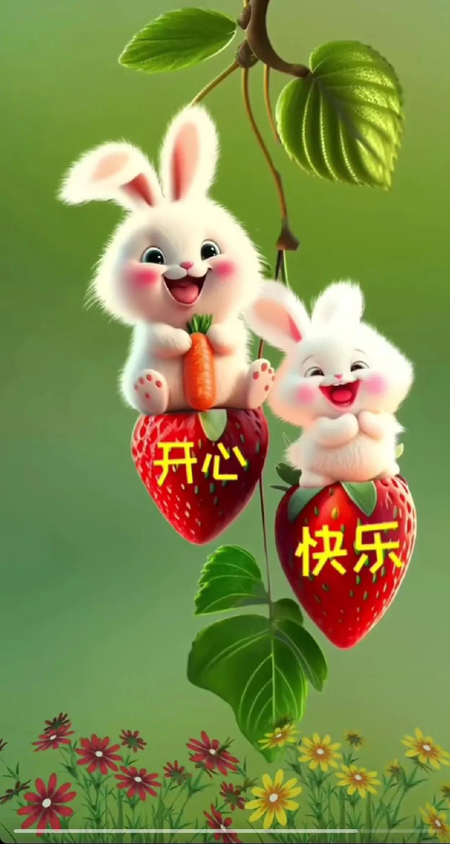 可爱的小兔子挂在草莓上，传递开心和快乐！🐰🍓😊小兔子问幸福