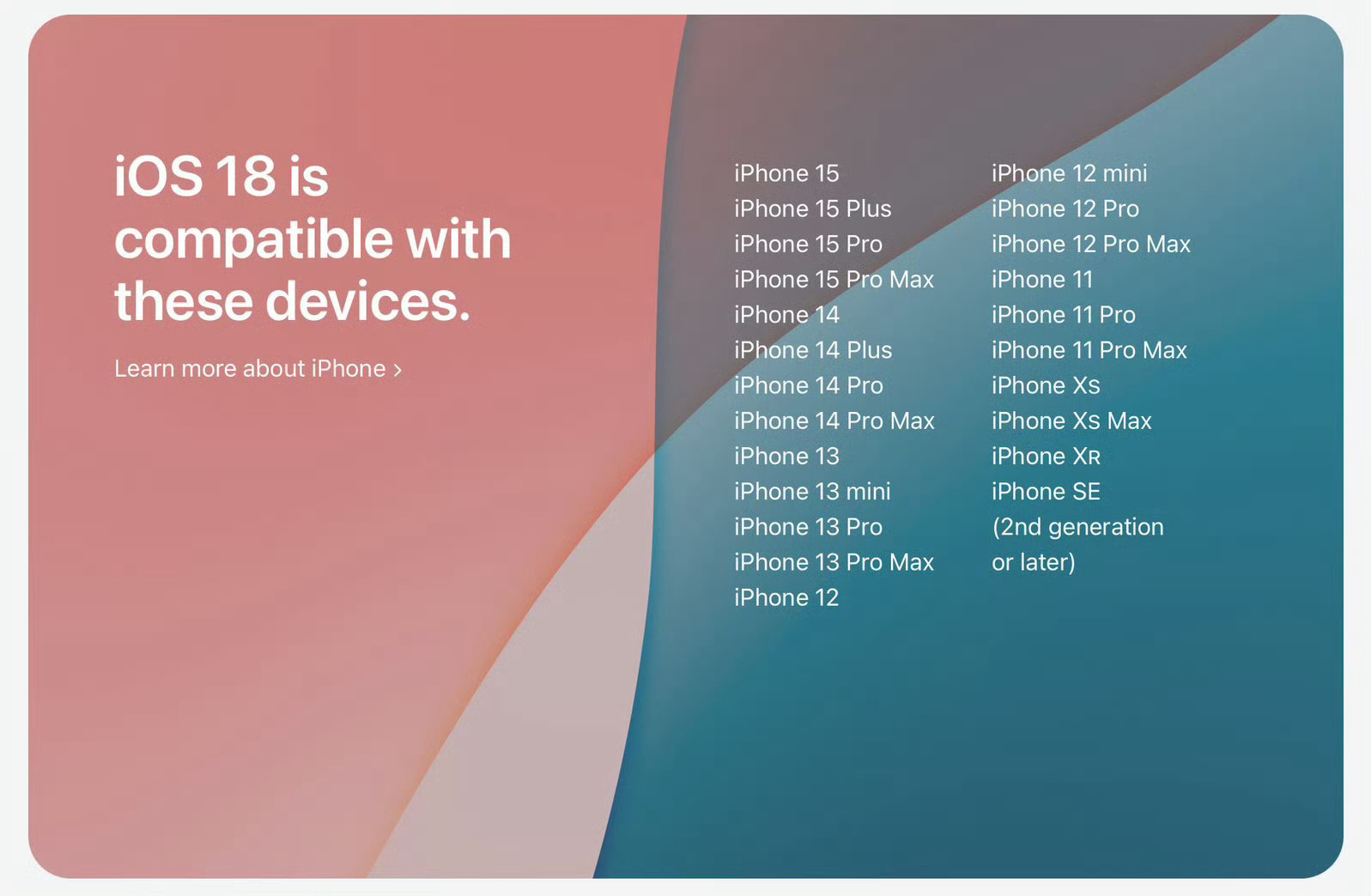 iOS18支持iPhone XR及以上的机型，支持的机型还是很广的，不过一般来说