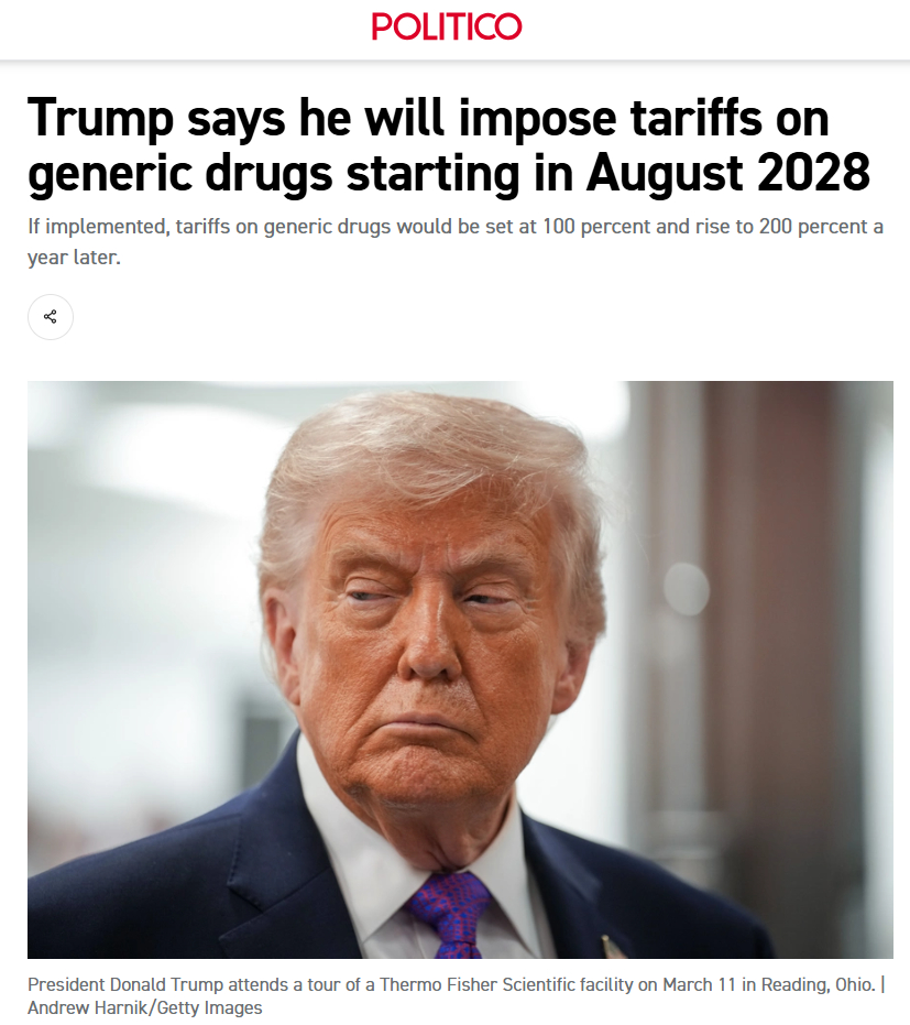 特朗普要对仿制药征100%关税¹ 特朗普暂时只是嘴上说说，说从2028年8月开始