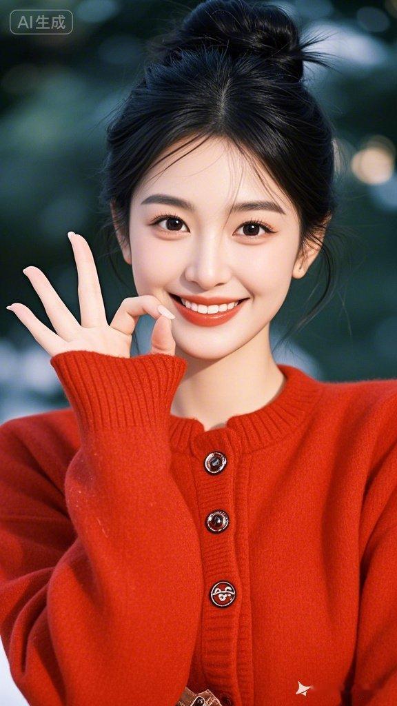 气质青春美女身着红色休闲羊绒衫，优雅大方，拜年场景喜庆温馨，洋溢节日氛围。