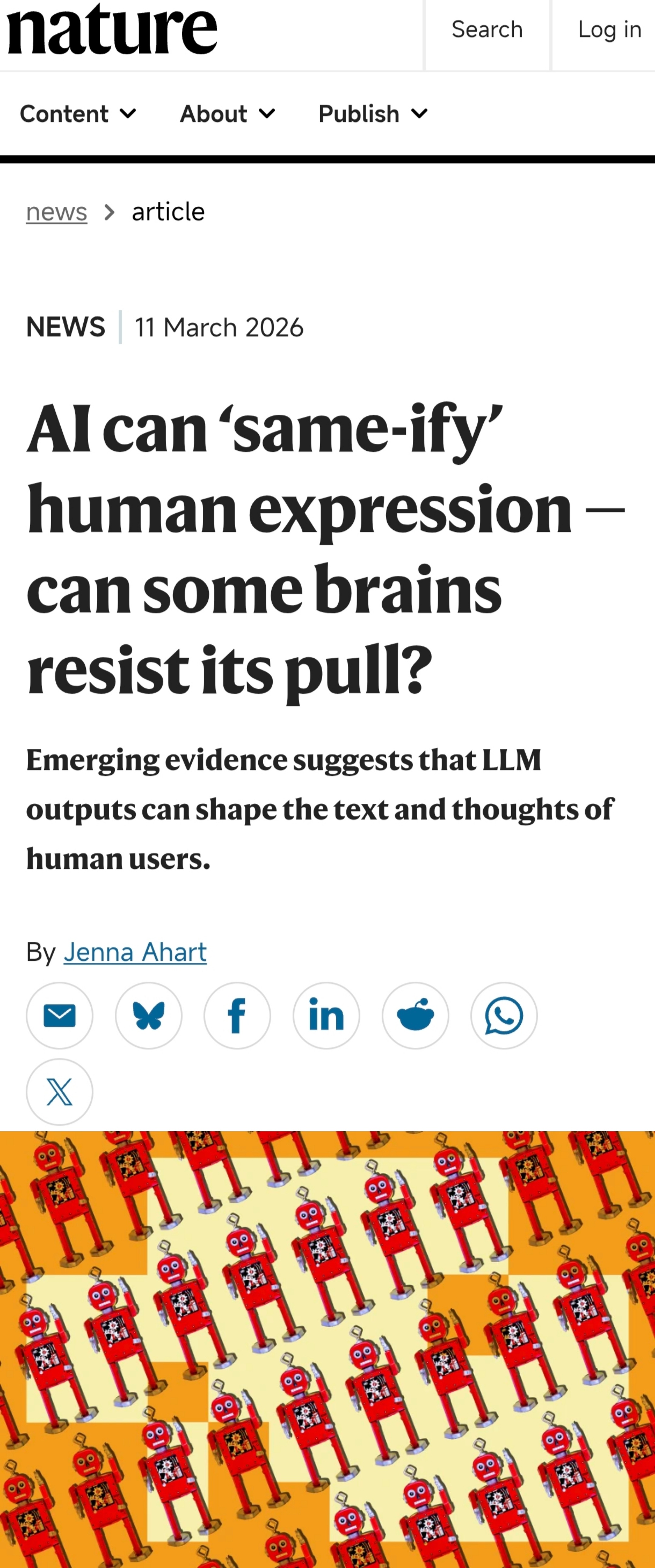 Nature观点文章说，大模型用多了会“同化”人类。意思是，人类会从他们使用的大