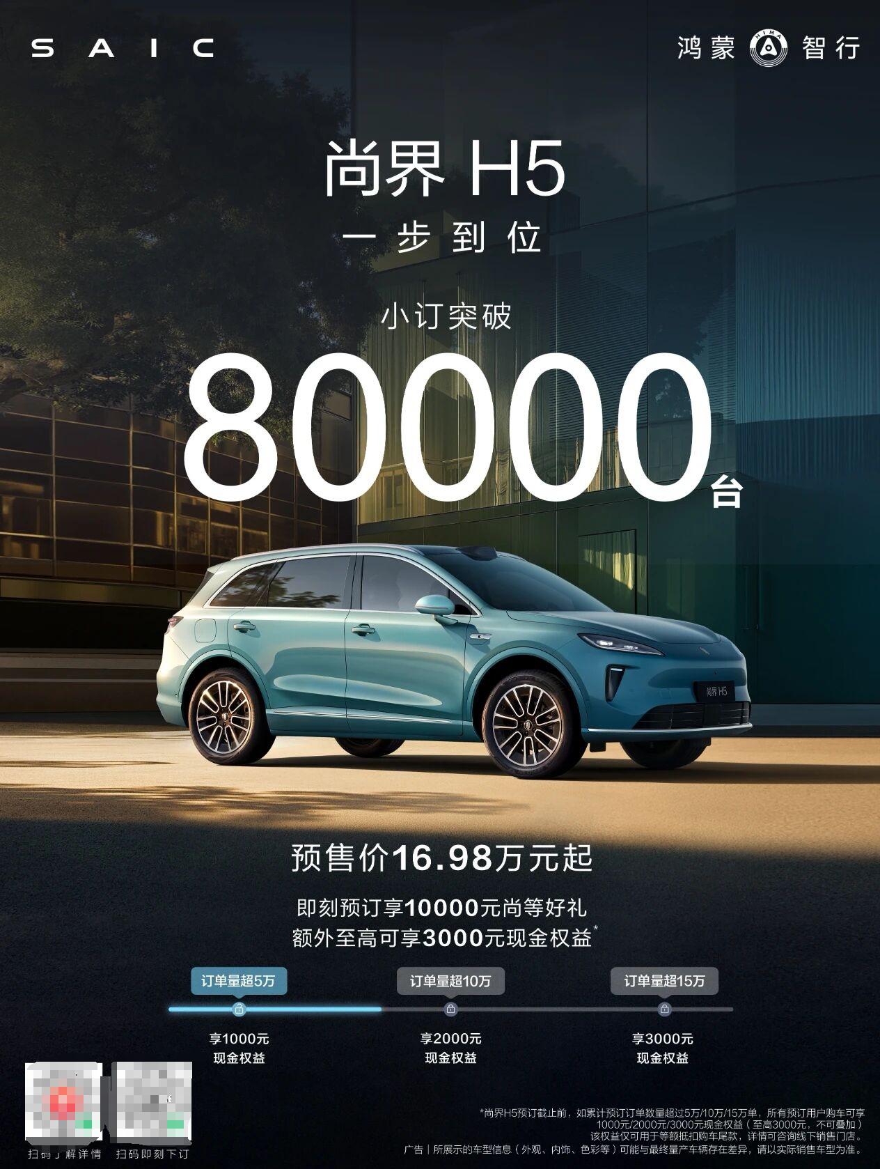 马上第二关通关。尚界H5小订突破8万台。离订单量超10万台，可享2000元现金权