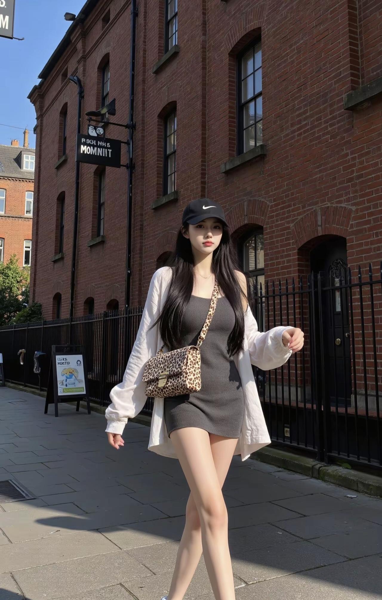 红砖墙把蓝天衬得很亮，白衬衫裹着松弛的风。豹纹包和灰裙撞出点野，帽檐压着的夏天，