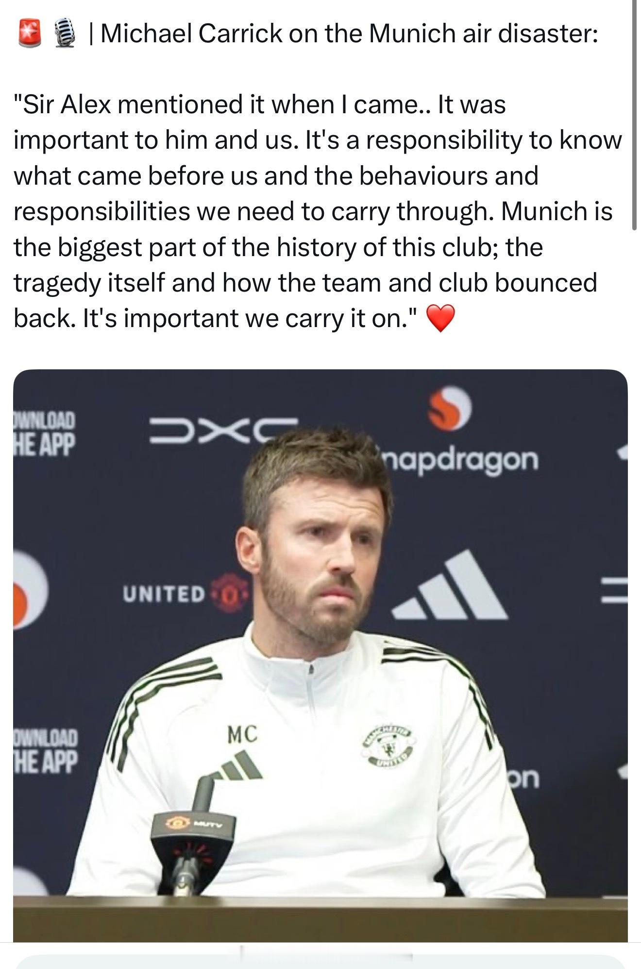 卡里克谈到慕尼黑空难：在我加盟曼联时，弗爵跟我介绍了这段历史。这对他和我们都很重