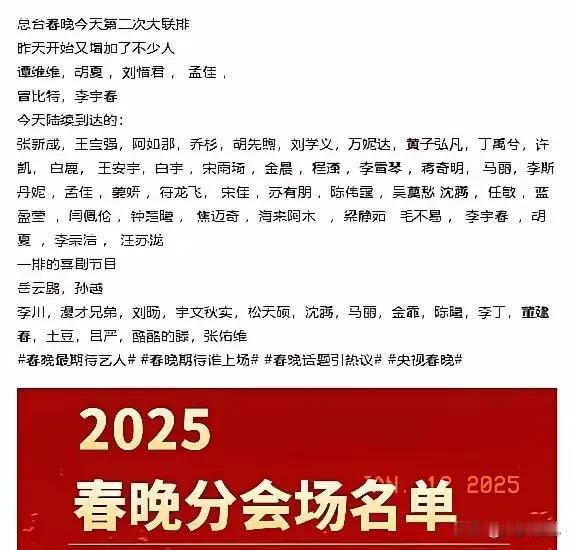 据说这是2025春晚的参演人员名单，这唱歌的没几个专业歌手，这里面几乎都是年轻的