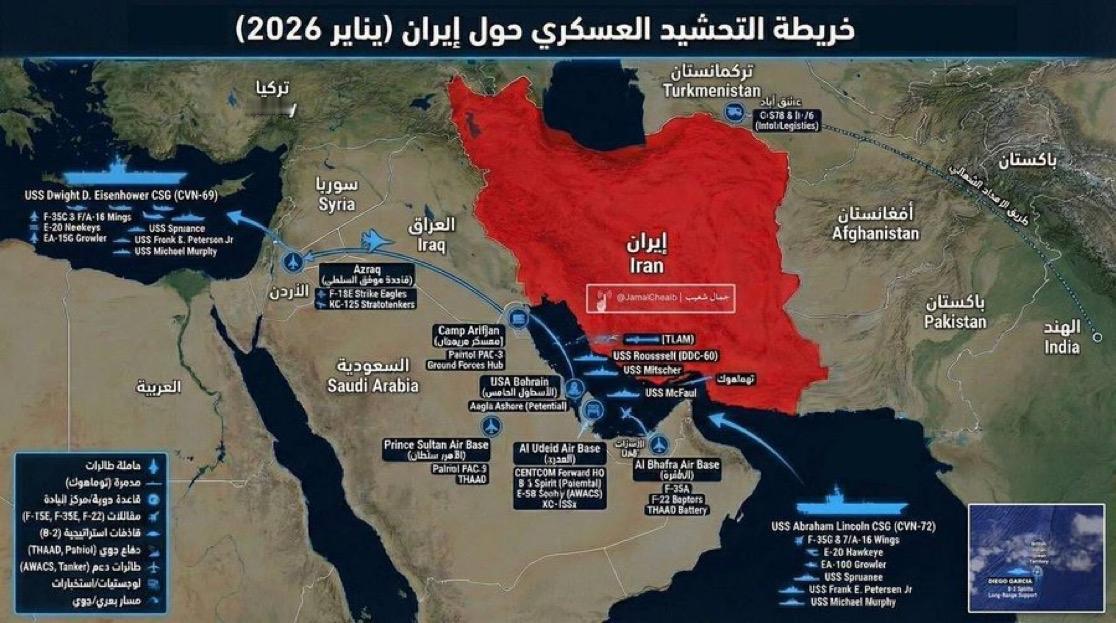 已绘制：美国在伊朗周边军事集结的规模和范围。