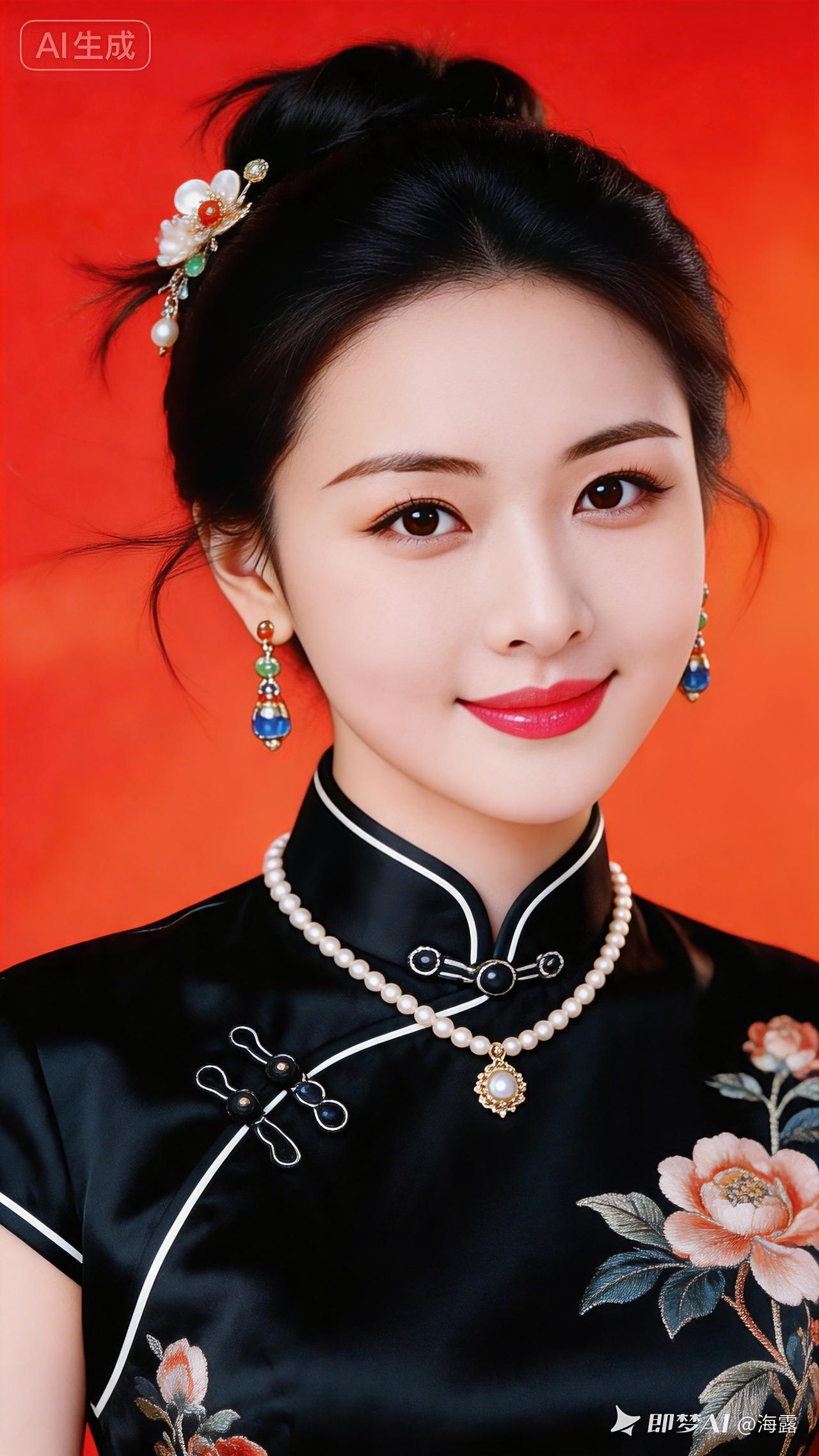 黑旗袍丽影
艳红背景衬娇颜，
高挽素髻簪玉钿。
黑底旗袍绣牡艳，
珍珠绕颈韵雍娴
