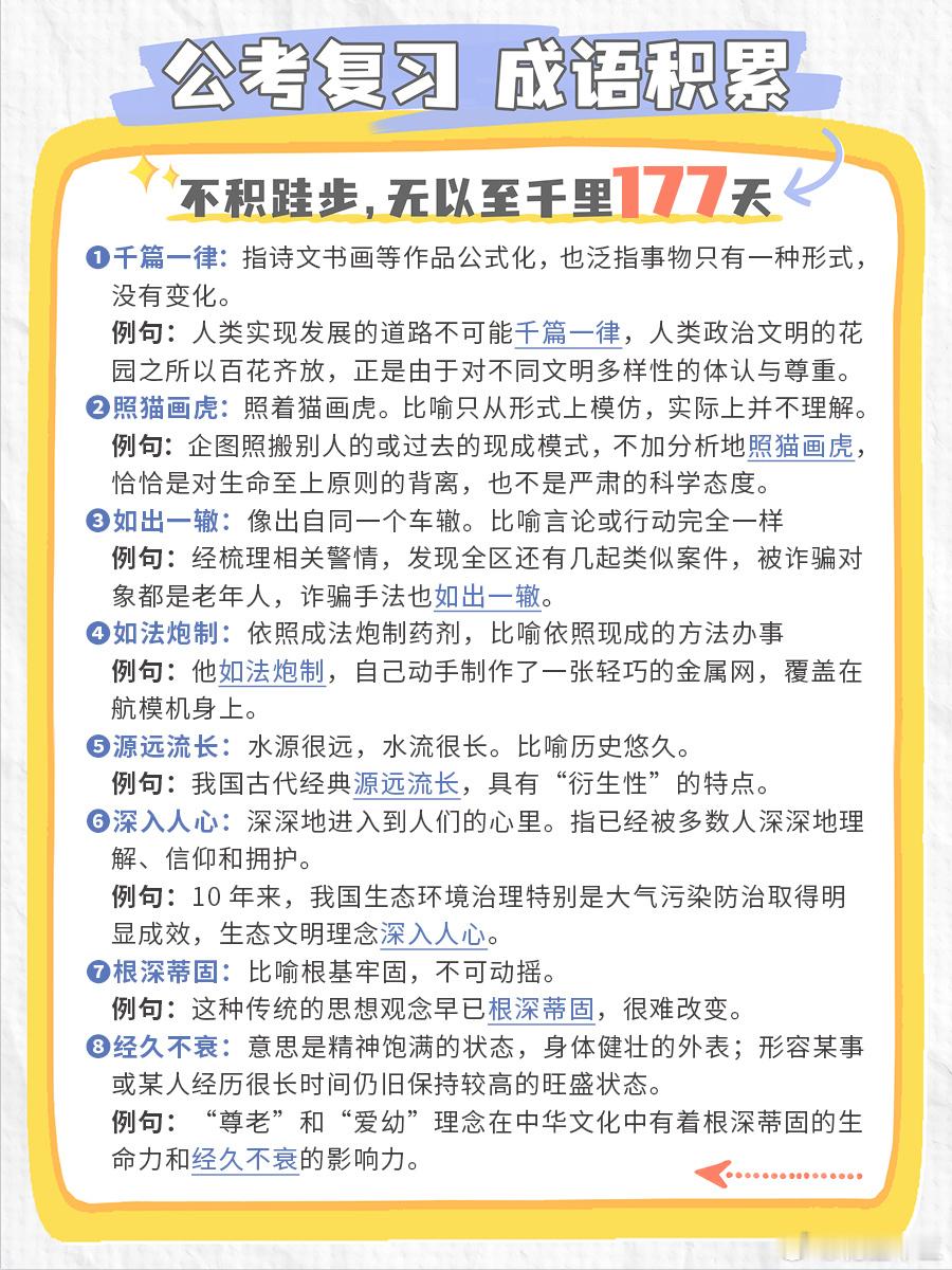 公考每日成语实词积累（第177天）千篇一律 照猫画虎 如出一辙 如法炮制源远流长