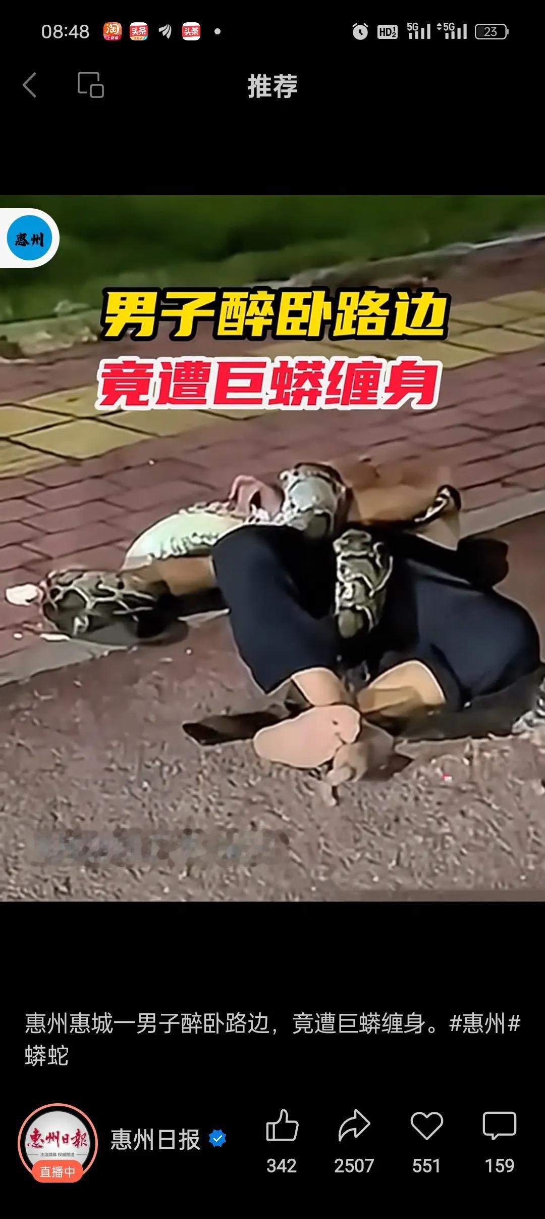 人与蛇共眠，幸好虚惊一场。

近日在惠州某小区。一名醉酒男子被一条2m长，30多