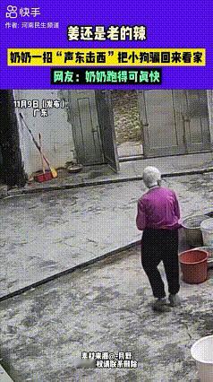 广东，一奶奶要出门，不想带着狗狗，于是把它从院外喊回后，一招“声东击西”将其留在
