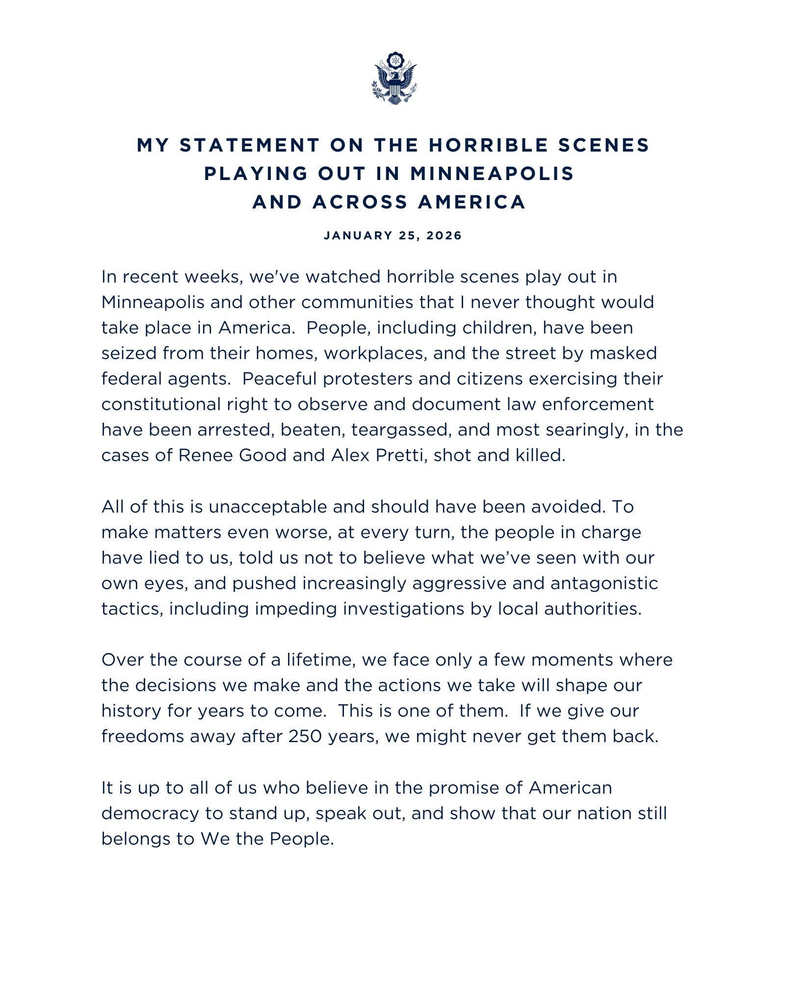 克林顿就特朗普的移民特工连续在明尼阿波利斯当街枪杀美国公民事件发表声明。就关于明