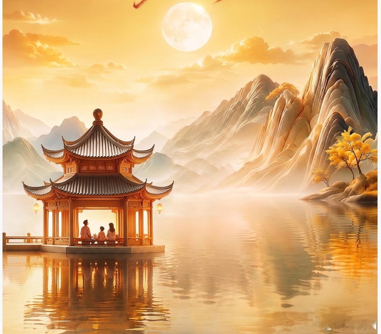 一轮满月，一席人间团圆澄澈的月光漫过层叠的青山，洒在平静如镜的湖面。古亭临水而立