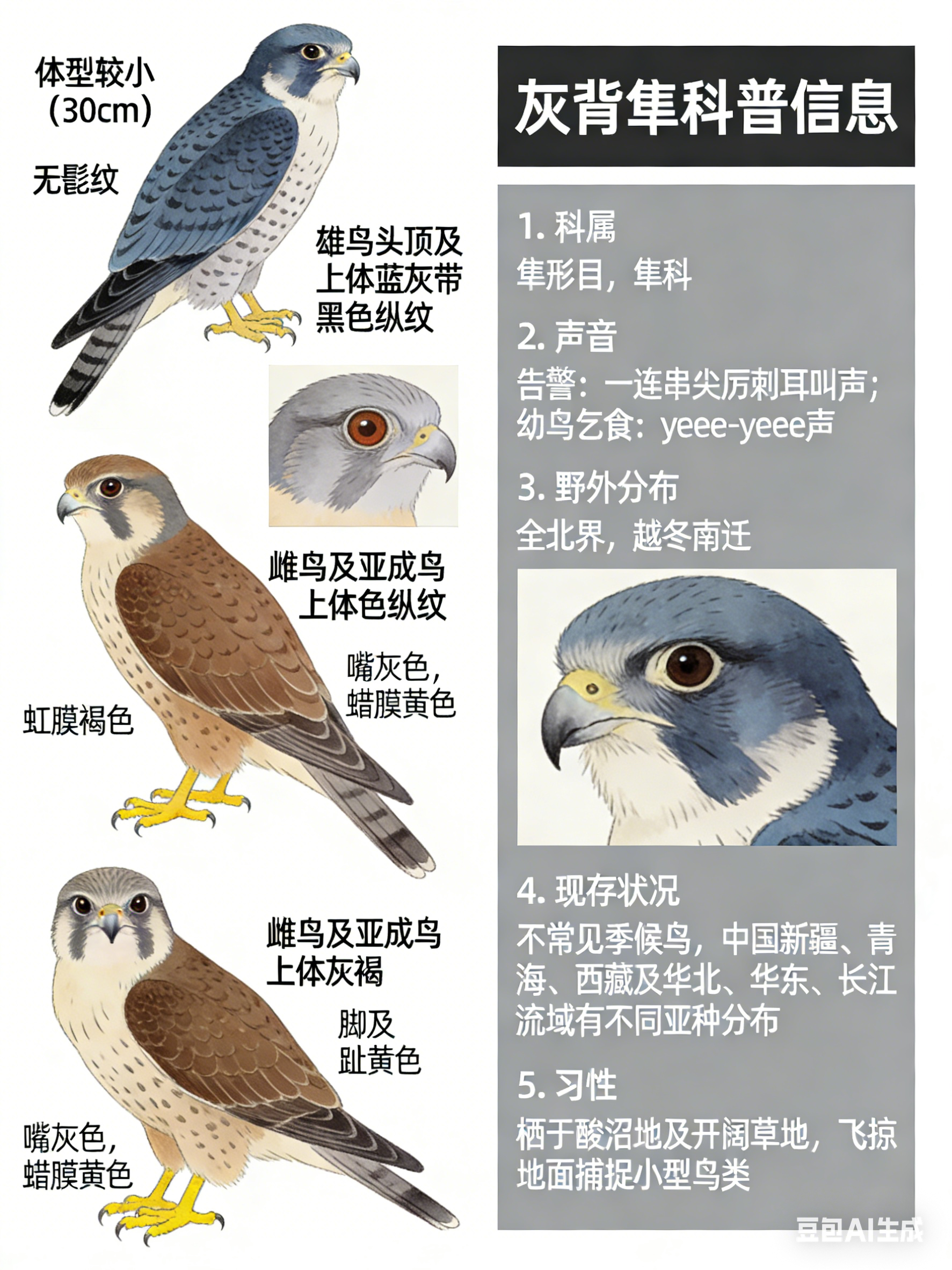 鸟类朋友图鉴 灰背隼·科属：隼形目，隼科。·外形特征：体型较小（30cm）的隼。