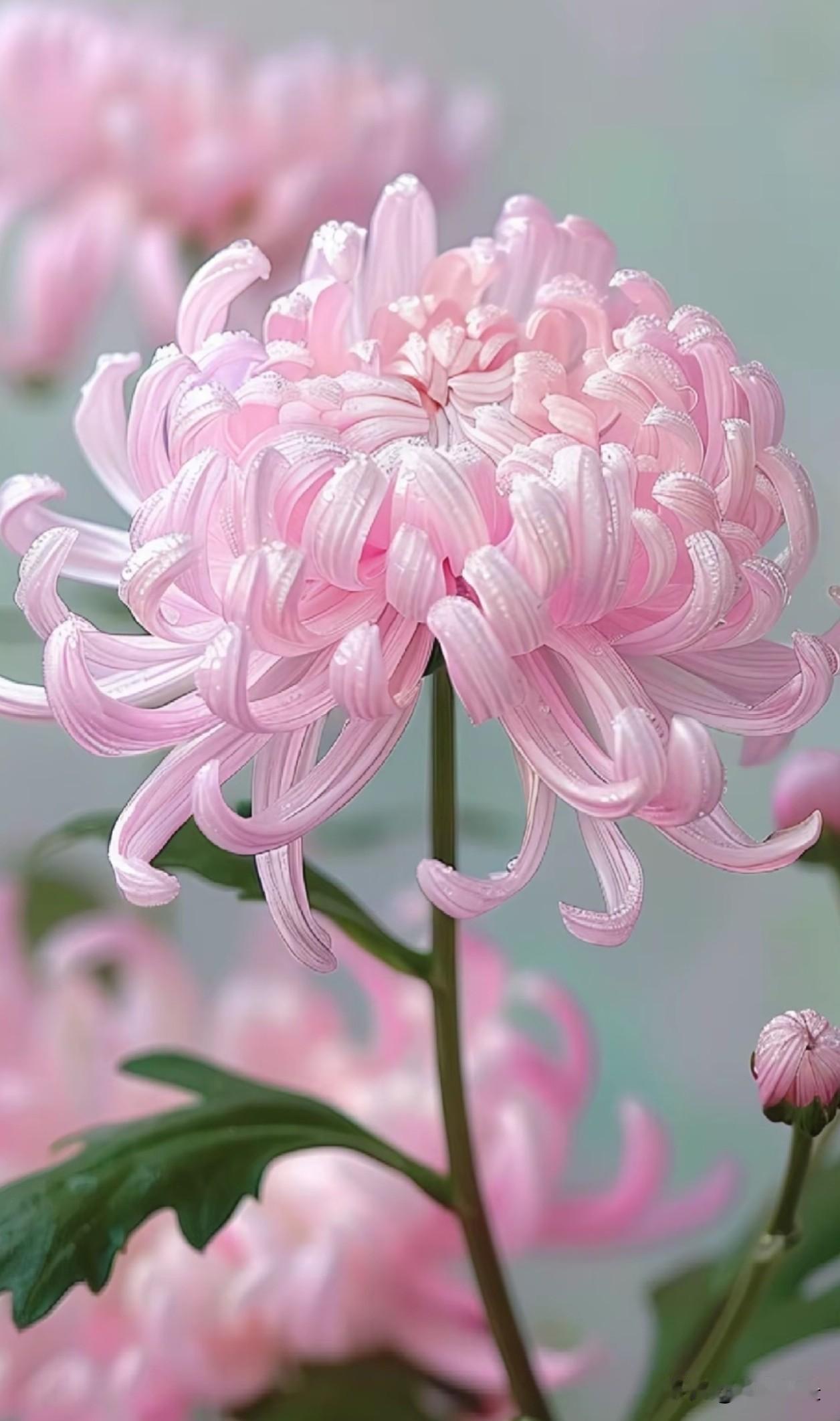 深浅柔粉的丝菊，花瓣卷曲婉转，有的缀满清透水珠，有的肆意舒展绵长花条，温柔却自带