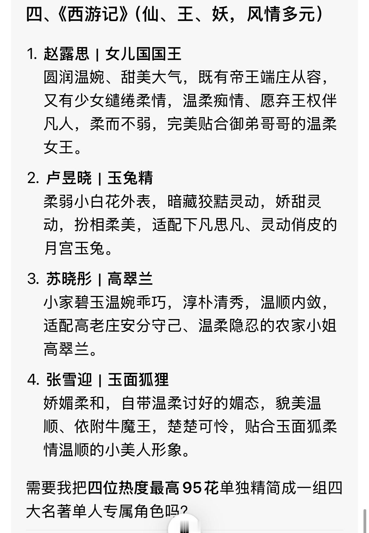豆包觉得热度最高的四位95花 刚刚问了下豆包给95花选的四大名著角色，然后她最后
