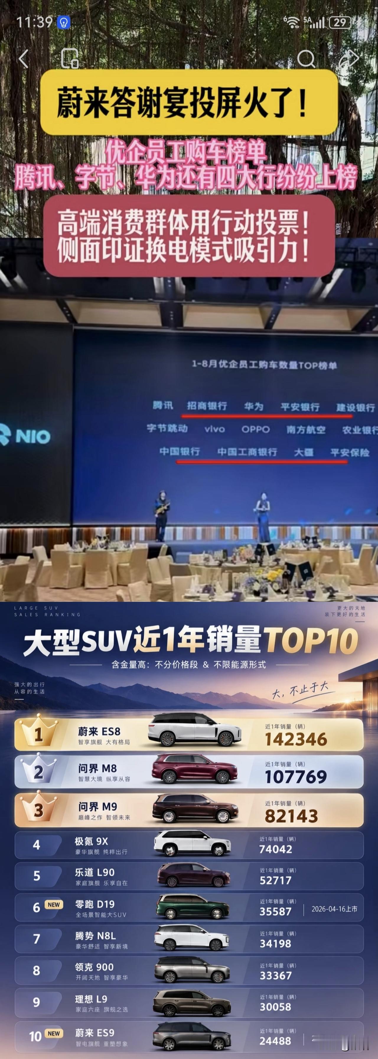 车企蔚来答谢宴投屏榜单解读--40-60万价位的高端电车，互联网、金融大厂员工用