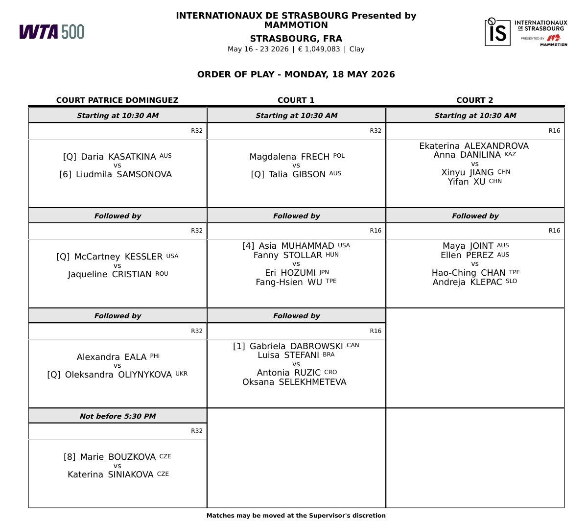今日赛程📅📍WTA500斯特拉斯堡站卡萨金娜对阵萨姆索诺娃，布兹科娃迎战西尼