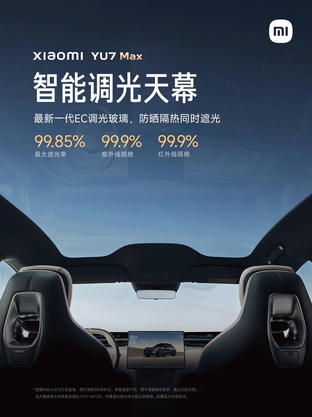 小米YU7Max天幕最大遮光率99.85%这可比传统遮阳帘好多了，小米 YU7 